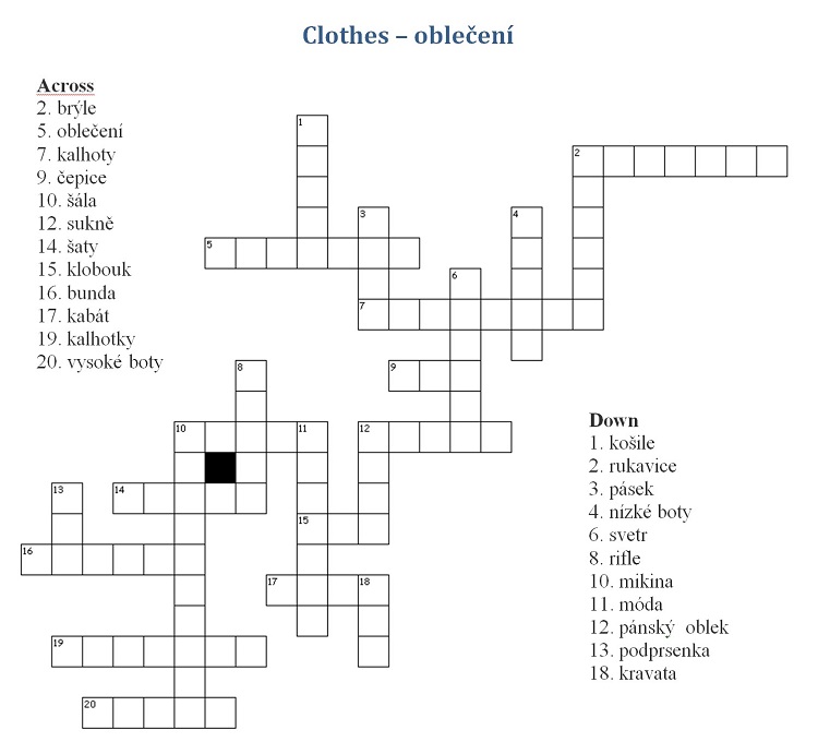 Křížovka – oblečení – Angličtina online zdarma
